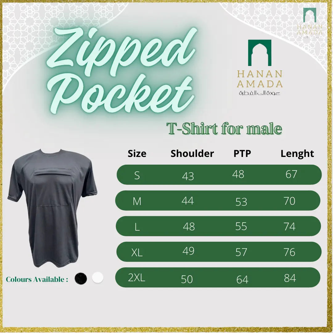 Zipped Pocket T- Shirt (Male) White Hanan Amadahajj_umrah